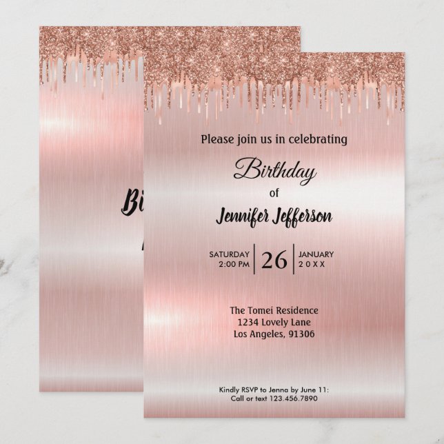 Invitation d'anniversaire moderne en or rose (Devant / Derrière)