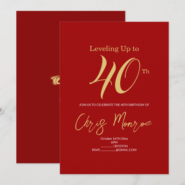 Invitation d'anniversaire moderne Faux Gold & Red (Devant / Derrière)