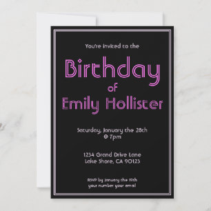 Invitation d'anniversaire moderne Noir Rose & Bl