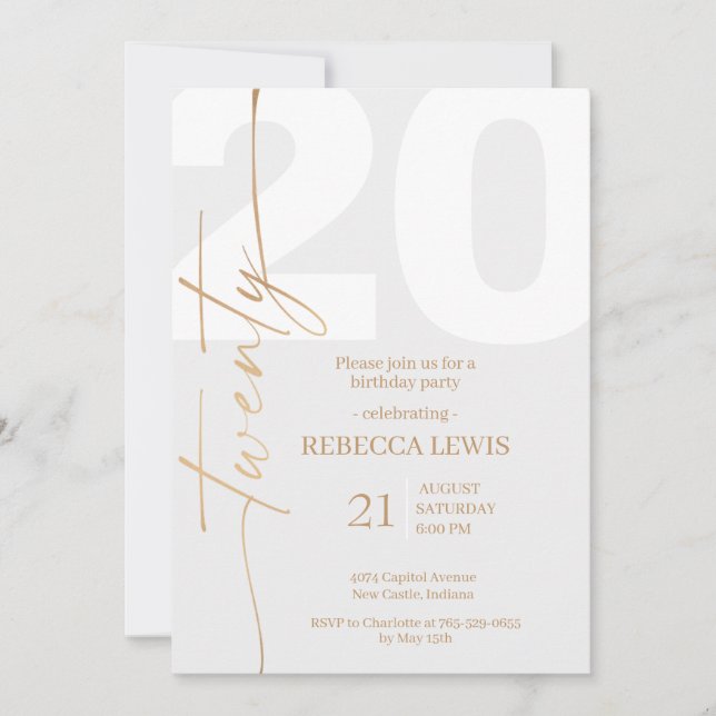 Invitation d'anniversaire moderne pour les 20 ans  (Devant)
