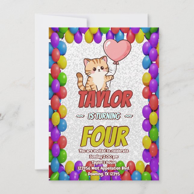 Invitation d'anniversaire modifiable à thème chat  (Devant)
