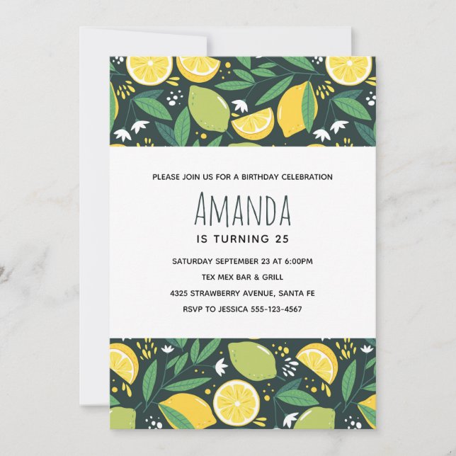Invitation d'anniversaire motif citron jaune et li (Devant)