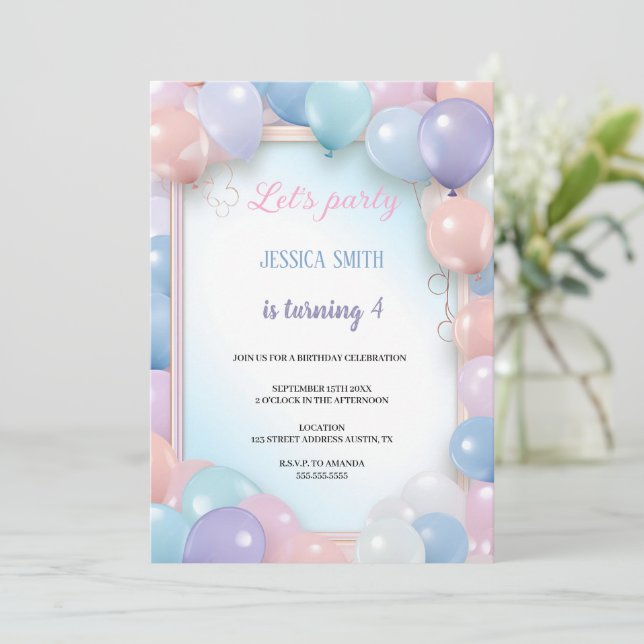 invitation d'anniversaire multicolore avec ballons (Debout devant)