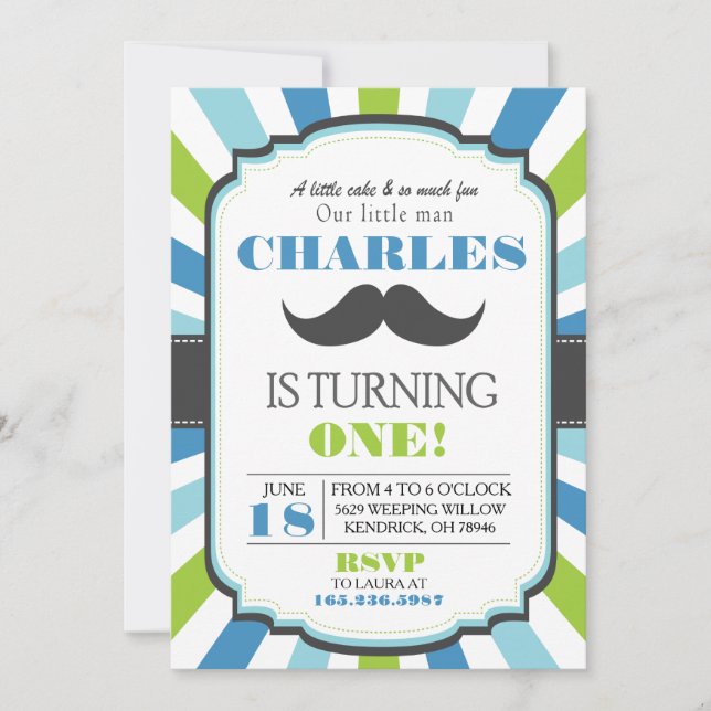 Invitation d'anniversaire Mustache Bash Blue (Devant)