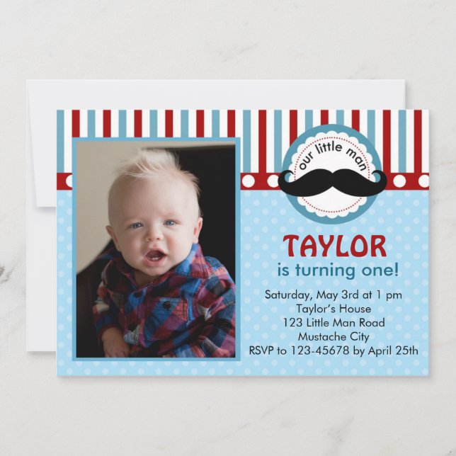 Invitation d'anniversaire Mustache Little Man (Pho (Devant)