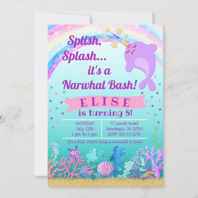 Invitation d'anniversaire Narwhal, Narwhal Pool Pa (Devant)