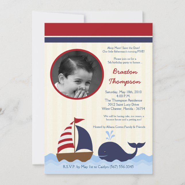 Invitation d'anniversaire nautique baleinier Ahoy  (Devant)