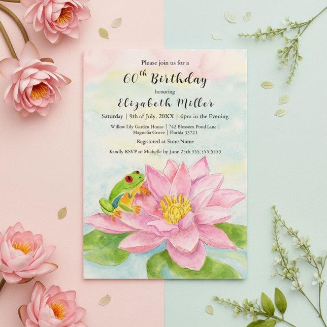 Invitation d'anniversaire Nénuphar rose & Grenouil (Créateur téléchargé)