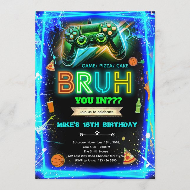 Invitation d'anniversaire néon Bruh (Devant)