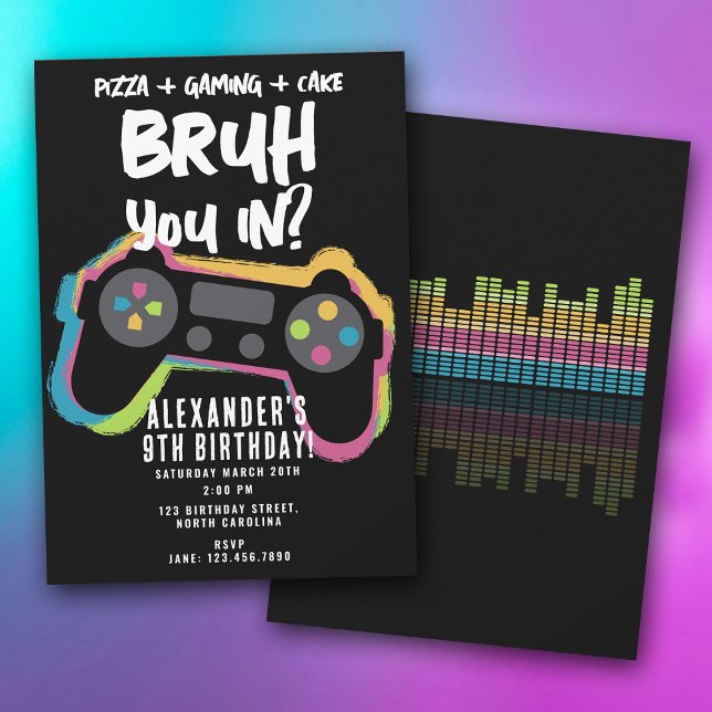 Invitation d'anniversaire néon de jeu pour adolesc (Bruh Boy's Birthday Neon Gaming Teen Gamer Invitation)