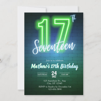 Invitation d'anniversaire néon dix-septième