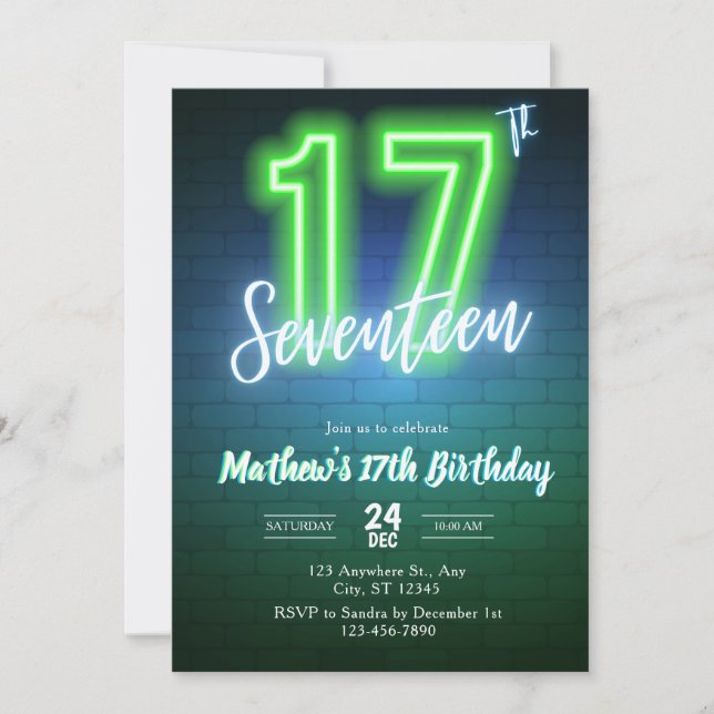 Invitation d'anniversaire néon dix-septième (Devant)