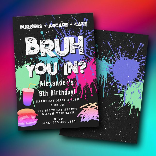 Invitation d'anniversaire néon graffiti de burgers (Bruh Boy's Birthday Neon Graffiti Teenager Burgers Invitation)