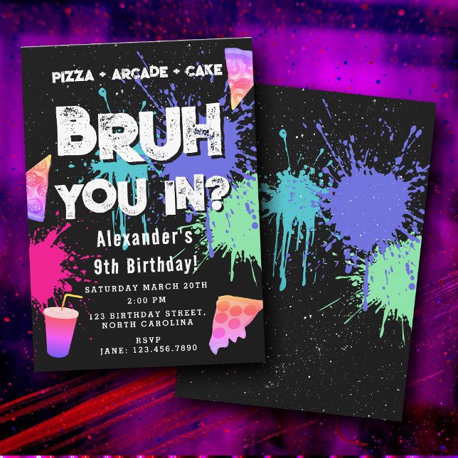 Invitation d'anniversaire néon graffiti de garçon  (Bruh Boy's Birthday Neon Graffiti Teenager Pizza Invitation)
