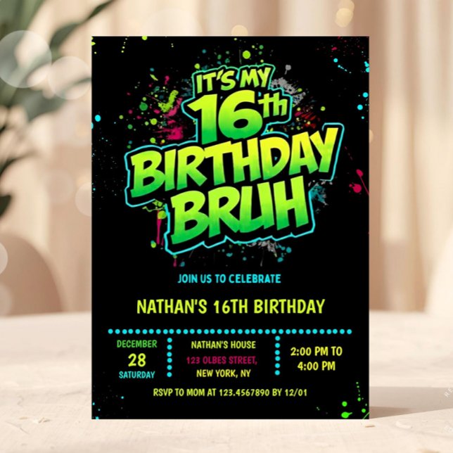 Invitation d'anniversaire néon graffiti pour garço (neon 16th birthday invitation, sixteen birthday invitation, editable 16th birthday invitation, neon )