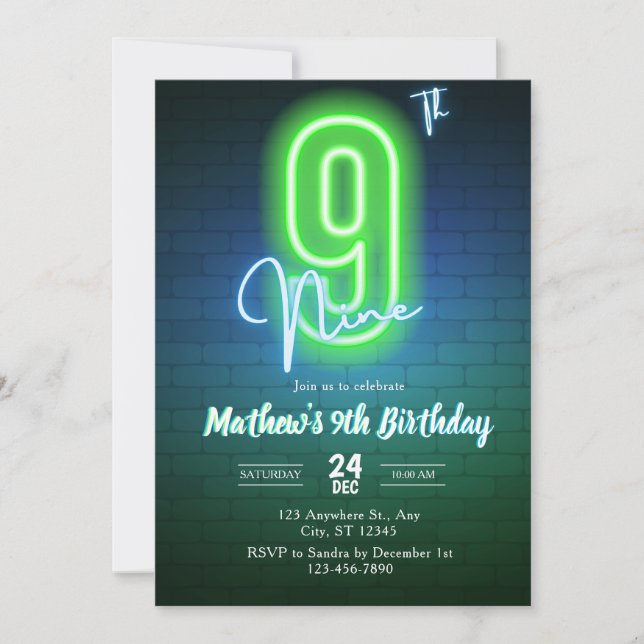 Invitation d'anniversaire néon neuvième (Devant)