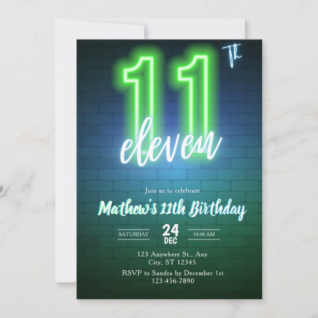 Invitation d'anniversaire néon onzième (Devant)