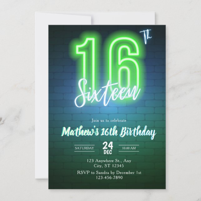 Invitation d'anniversaire néon seizième (Devant)