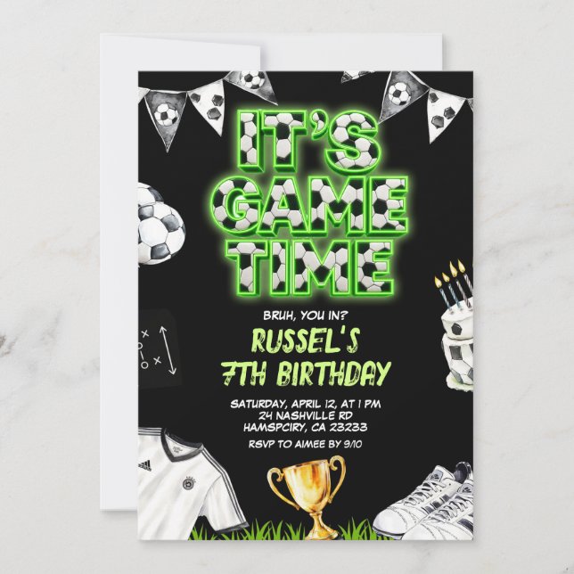 Invitation d'anniversaire Neon Soccer Game time (Devant)