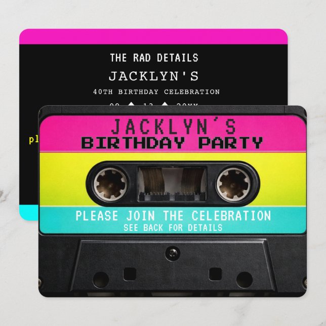 Invitation d'anniversaire néon sur cassette rétro  (Devant / Derrière)