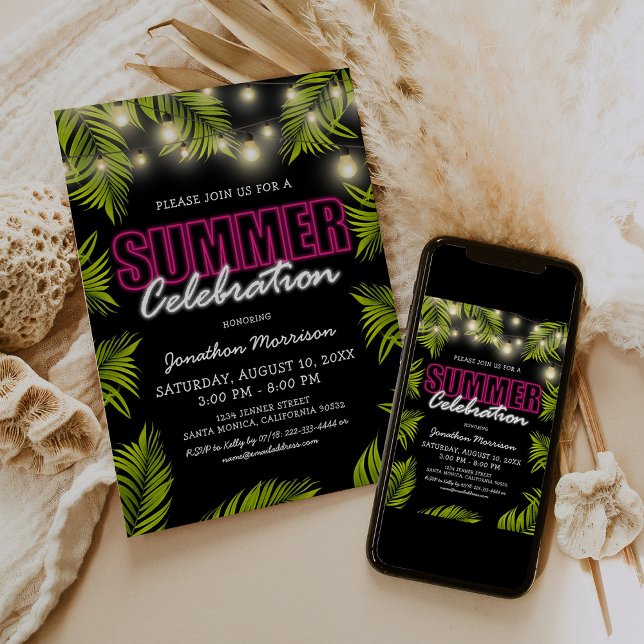 Invitation d'anniversaire néon tropical d'été (Créateur téléchargé)