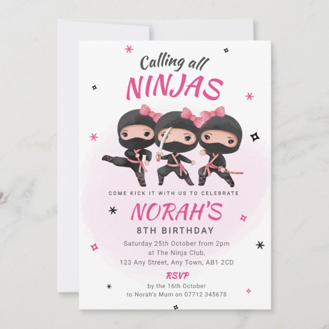 Invitation d'anniversaire Ninja Rose pour filles K (Devant)