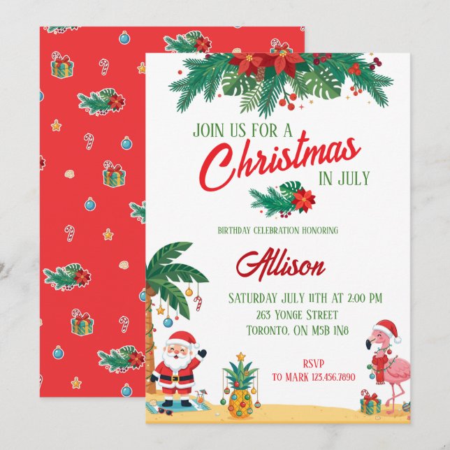 Invitation d'anniversaire Noël en juillet (Devant / Derrière)
