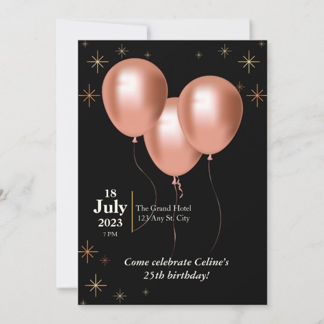 Invitation d'anniversaire - noir avec ballons rose (Devant)