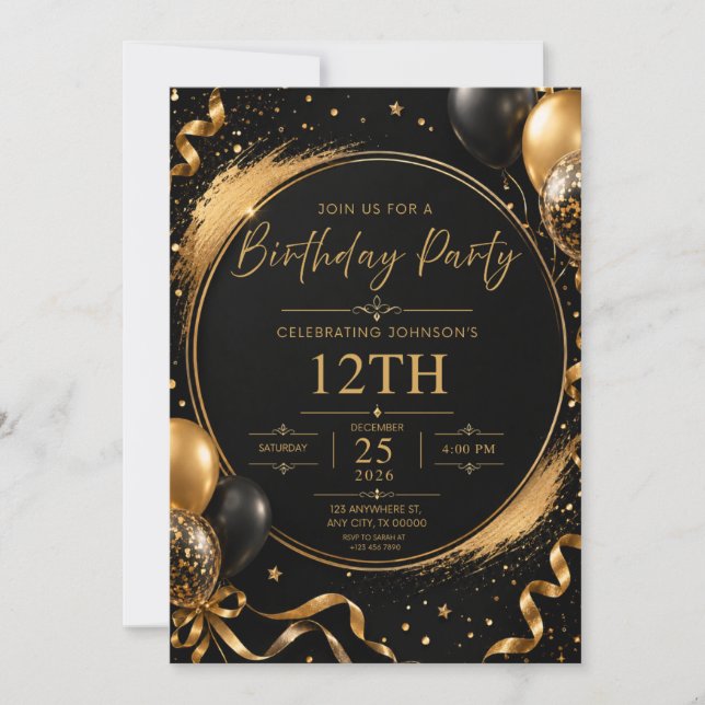 Invitation d'anniversaire Noir & Or (Devant)