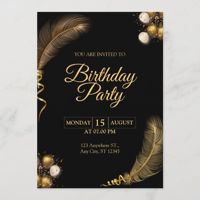 Invitation d'anniversaire Noir & Or – Carte de fêt (Devant)