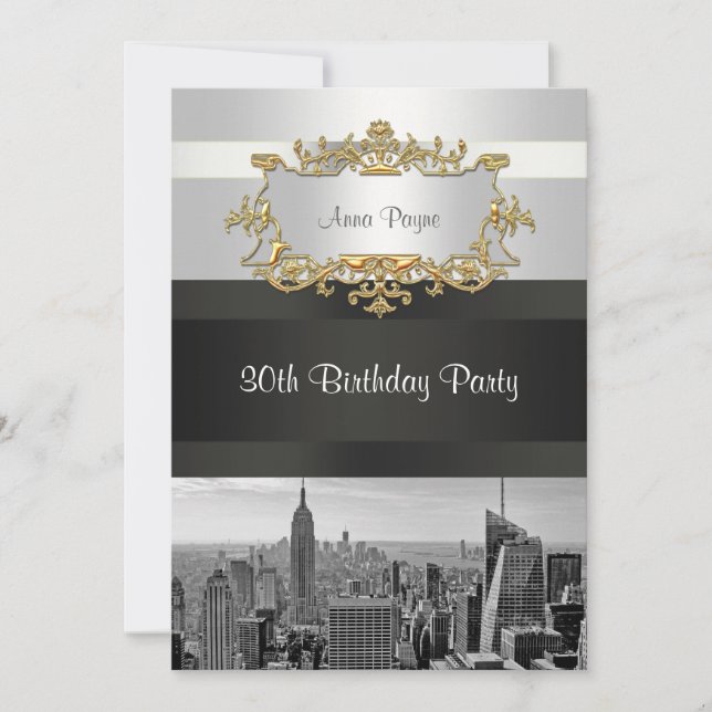 Invitation d'anniversaire NYC Skyline BW 05 Blanc, (Devant)