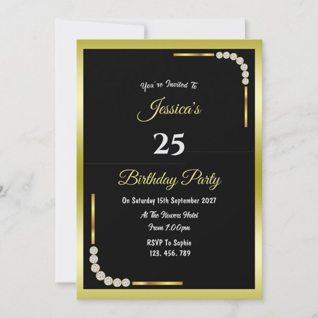 Invitation d'anniversaire Or Décoratif & 7 Diamant (Devant)