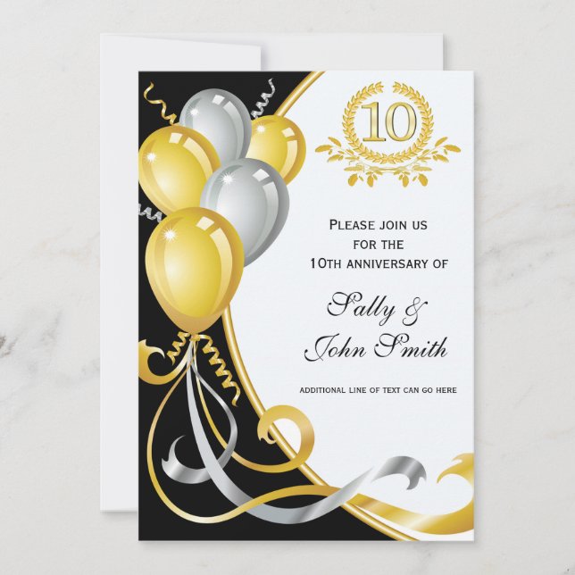 Invitation d'anniversaire or et argent 10 ans (Devant)