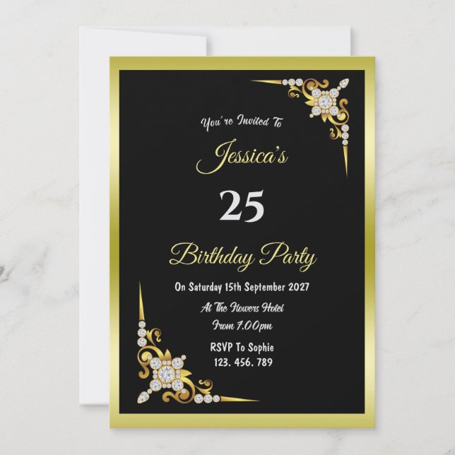 Invitation d'anniversaire or et diamants décoratif (Devant)