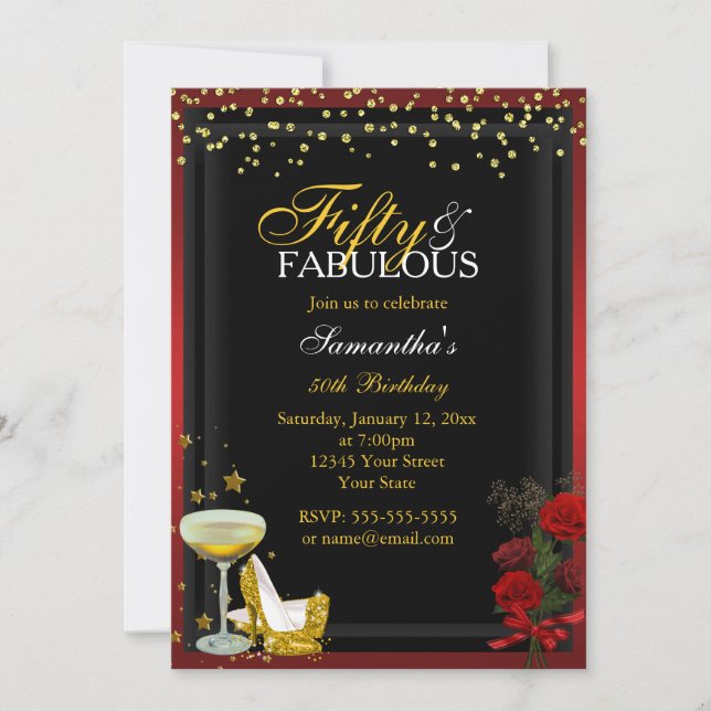Invitation d'anniversaire or et rouge 50 et fabule (Devant)