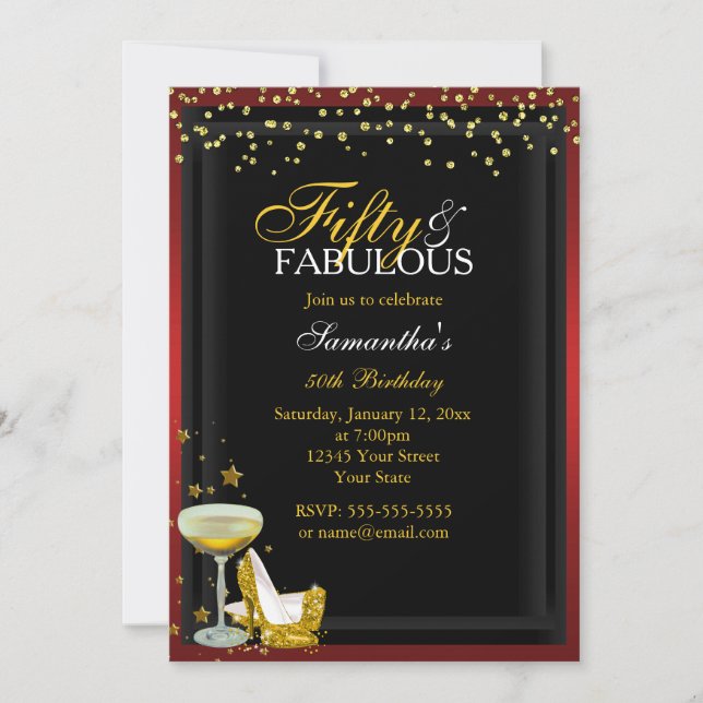 Invitation d'anniversaire or et rouge 50 et fabule (Devant)