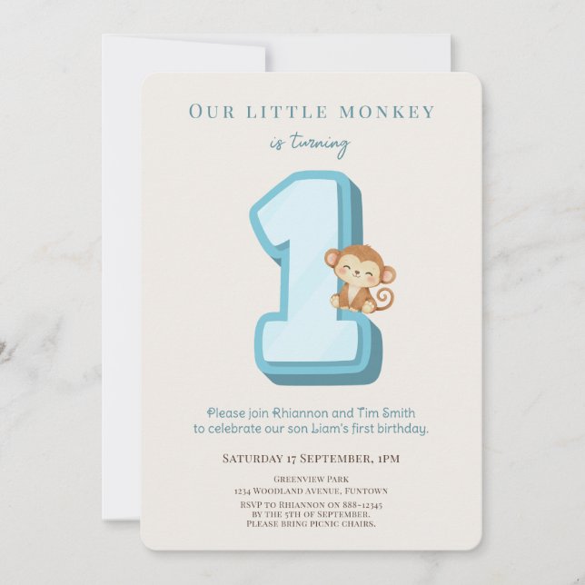 Invitation d'anniversaire Our Little Monkey Blue 1 (Devant)