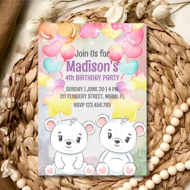 Invitation d'anniversaire ours en peluche blanc (Créateur téléchargé)