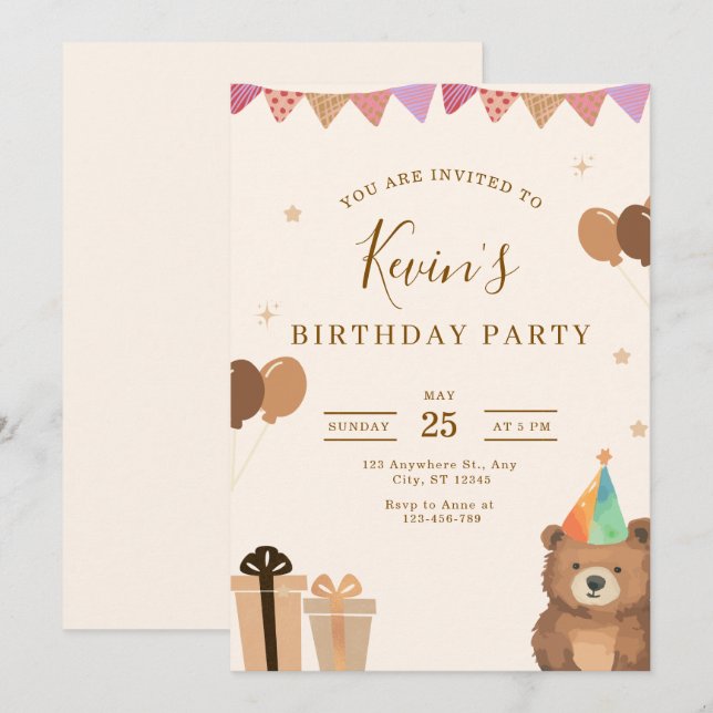 Invitation d'anniversaire ours en peluche marron,  (Devant / Derrière)