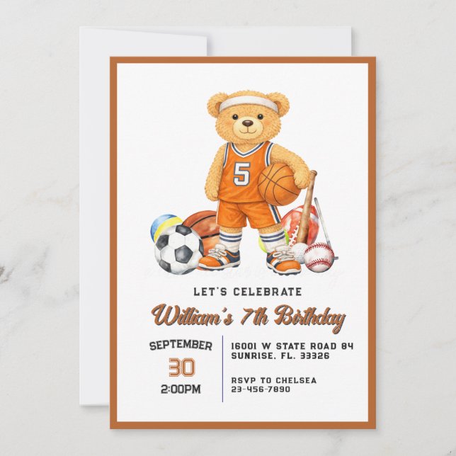 Invitation d'anniversaire ours pour enfants de tou (Devant)