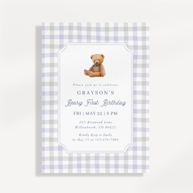 Invitation d'anniversaire ourson à carreaux Prépa  (Créateur téléchargé)