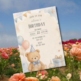 Invitation d'anniversaire Ourson à l'aquarelle