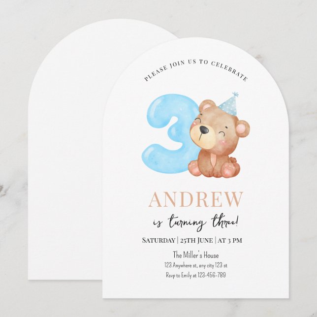 Invitation d'anniversaire Ourson, Garçons Minimali (Devant / Derrière)