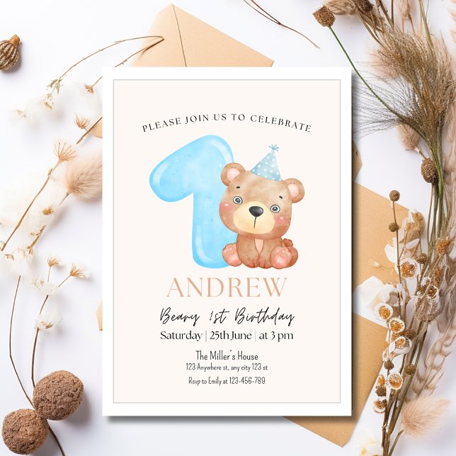 Invitation d'anniversaire Ourson, Ourson minimalis (Créateur téléchargé)