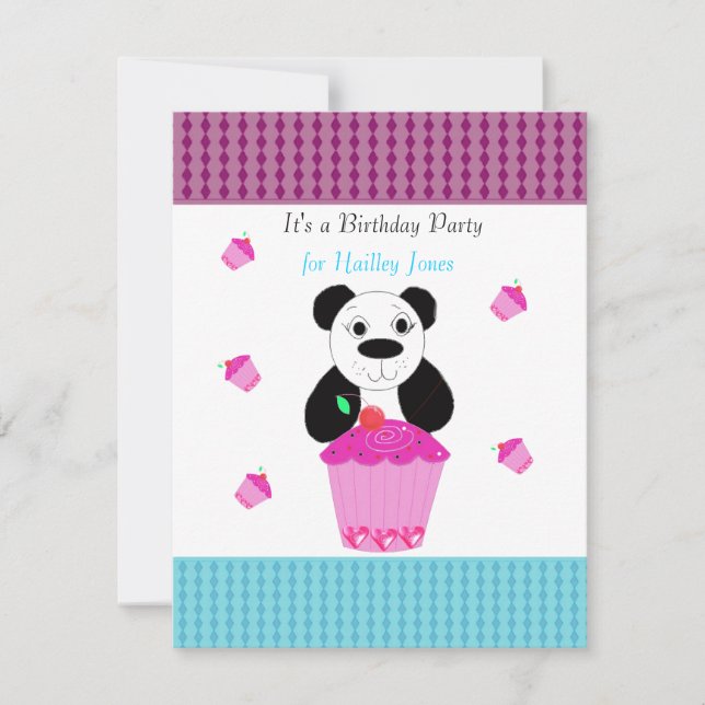 Invitation d'anniversaire Ourson Panda avec Cupcak (Devant)