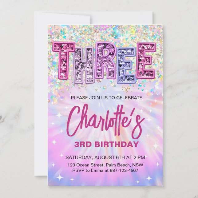Invitation d'anniversaire pailletée pour 3 ans (Devant)