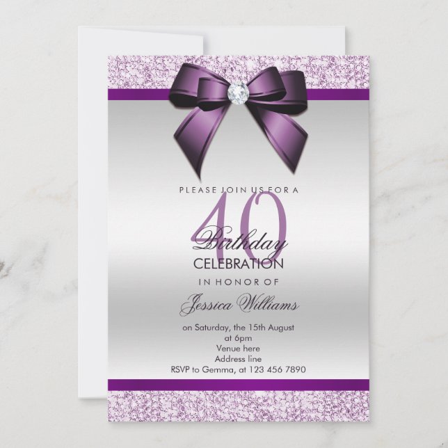 Invitation d'anniversaire Paillettes et Ruban Glam (Devant)