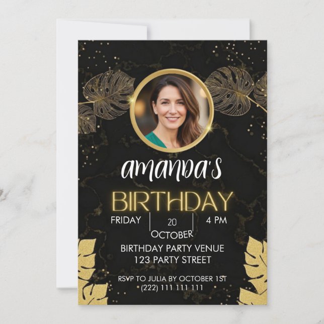 Invitation d'anniversaire Paillettes Or Noir (Devant)