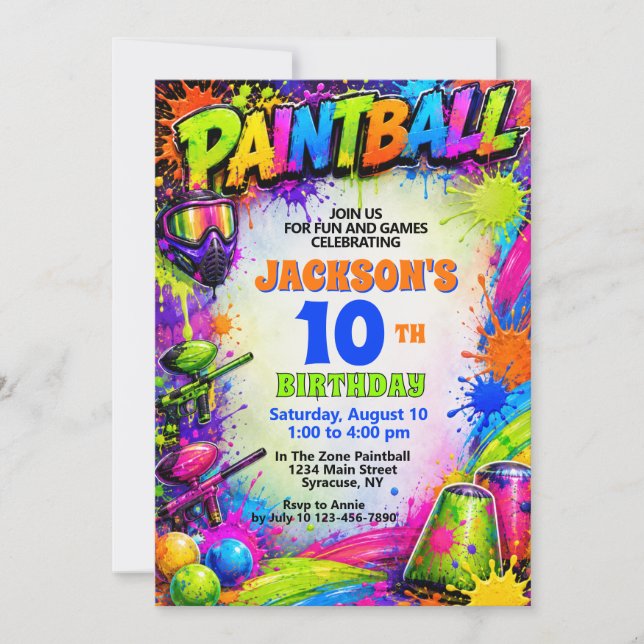 Invitation d'anniversaire Paintball Thème éclabous (Devant)