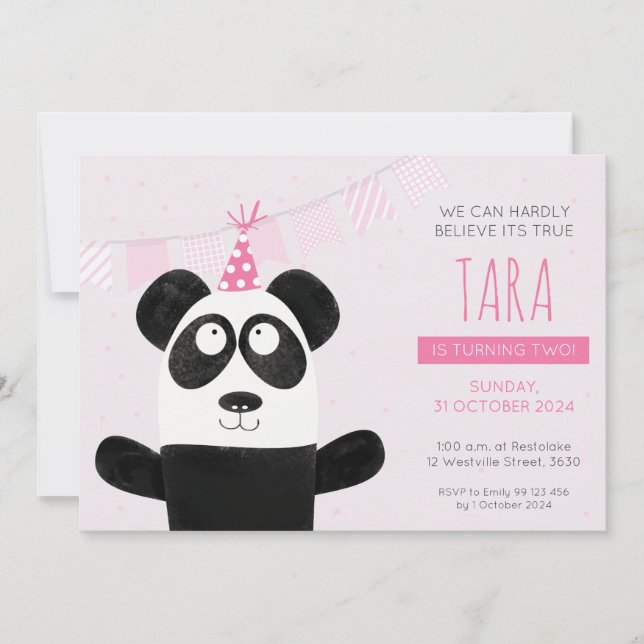 Invitation d'anniversaire Panda Rose (Devant)